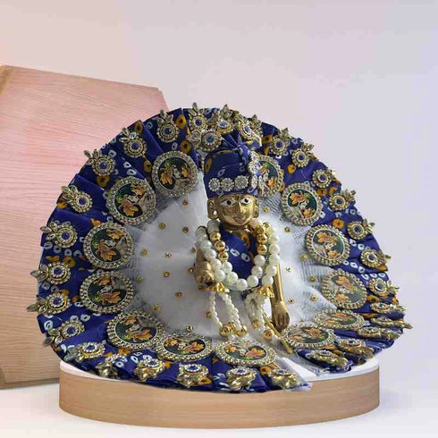 Elegant Blue-White Kanha outfit with pearl and stone work decorated turban and mala for Bal Gopal Ji Size-4