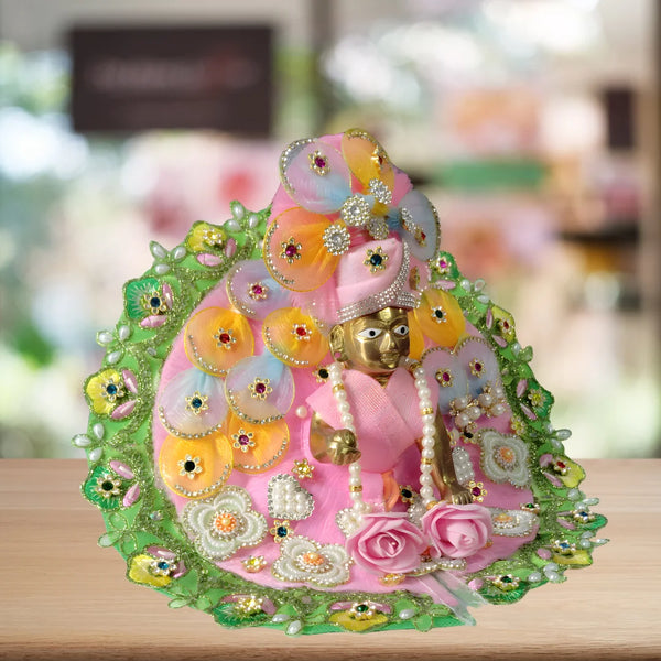 Laddu Gopal Pink Floral Heavy Dress with Green Border and Pearl Garland Size-5