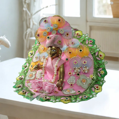 Laddu Gopal Pink Floral Heavy Dress with Green Border and Pearl Garland Size-5