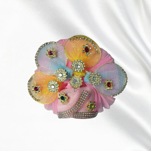 Laddu Gopal Pink Floral Heavy Dress with Green Border and Pearl Garland Size-5