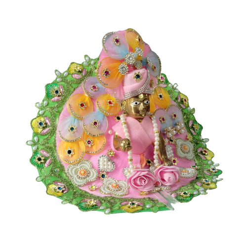 Laddu Gopal Pink Floral Heavy Dress with Green Border and Pearl Garland Size-5