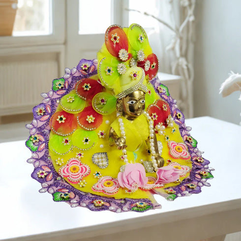 Laddu Gopal Yellow Floral Heavy Dress with Purple Border and Pearl Garland Size-5
