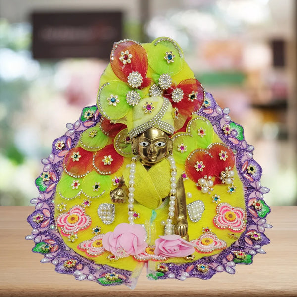 Laddu Gopal Yellow Floral Heavy Dress with Purple Border and Pearl Garland Size-5