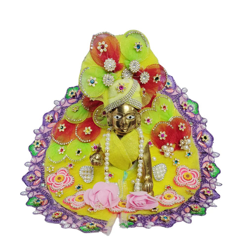 Laddu Gopal Yellow Floral Heavy Dress with Purple Border and Pearl Garland Size-5