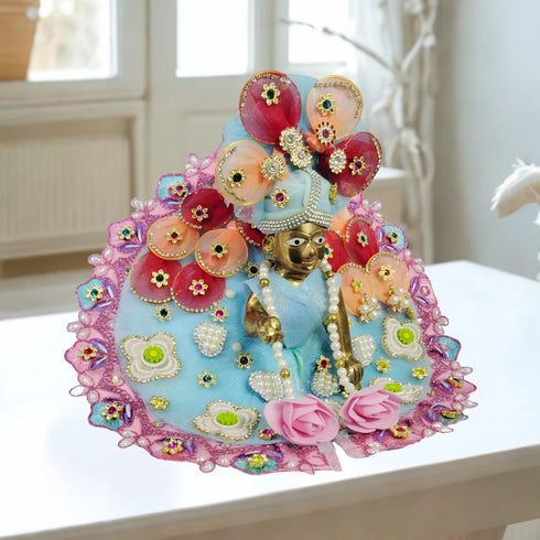 Laddu Gopal Sky Blue Floral Heavy Dress with Pink Border and Pearl Garland Size-5
