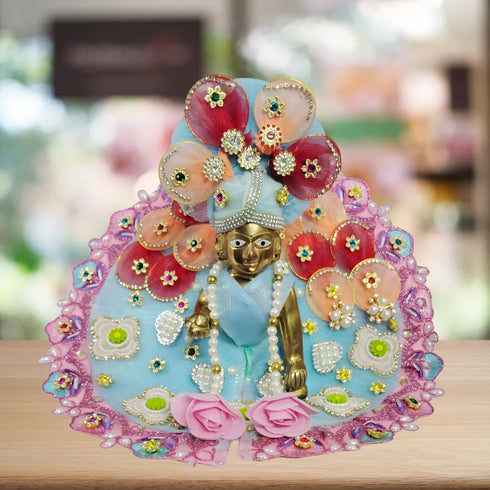 Laddu Gopal Sky Blue Floral Heavy Dress with Pink Border and Pearl Garland Size-5