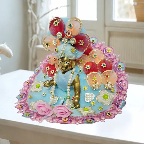 Laddu Gopal Sky Blue Floral Heavy Dress with Pink Border and Pearl Garland Size-5