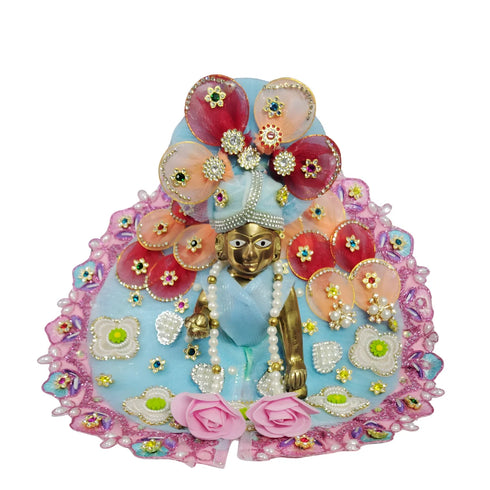 Laddu Gopal Sky Blue Floral Heavy Dress with Pink Border and Pearl Garland Size-5