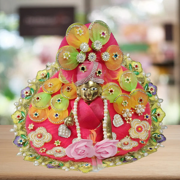 Laddu Gopal Bright Pink Floral Heavy Dress with Green Border and Pearl Garland Size-5