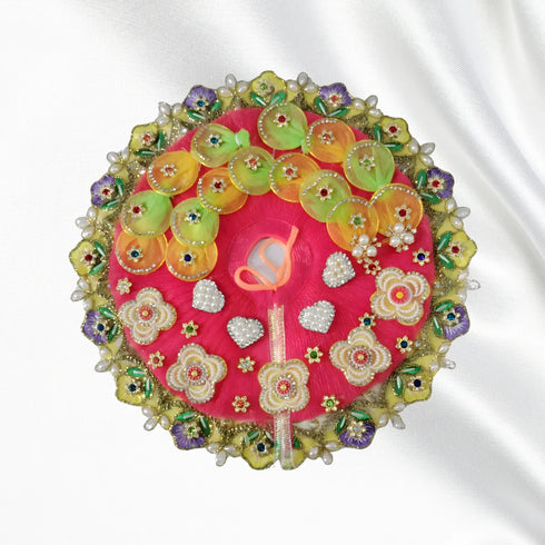 Laddu Gopal Bright Pink Floral Heavy Dress with Green Border and Pearl Garland Size-5