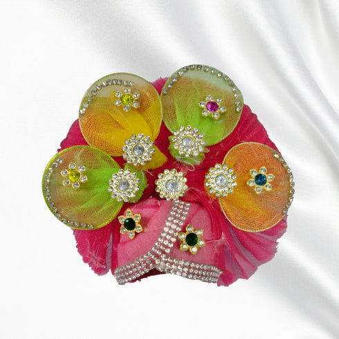 Laddu Gopal Bright Pink Floral Heavy Dress with Green Border and Pearl Garland Size-5