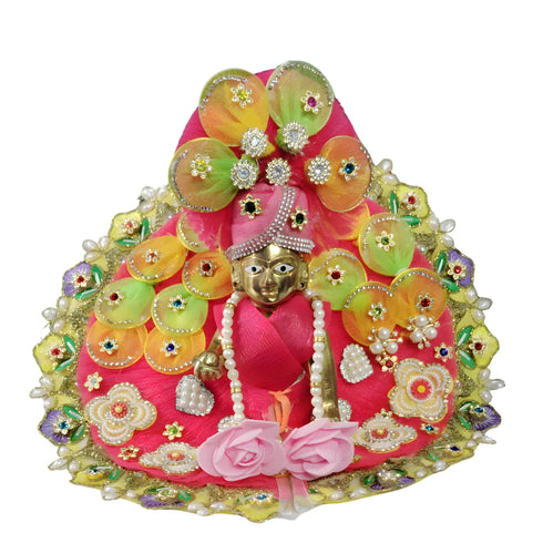 Laddu Gopal Bright Pink Floral Heavy Dress with Green Border and Pearl Garland Size-5