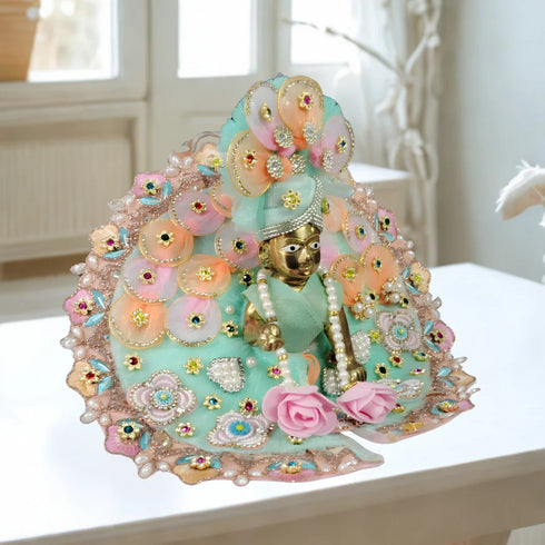 Laddu Gopal Sea Green Floral Heavy Dress with Peach Border and Pearl Garland Size-5