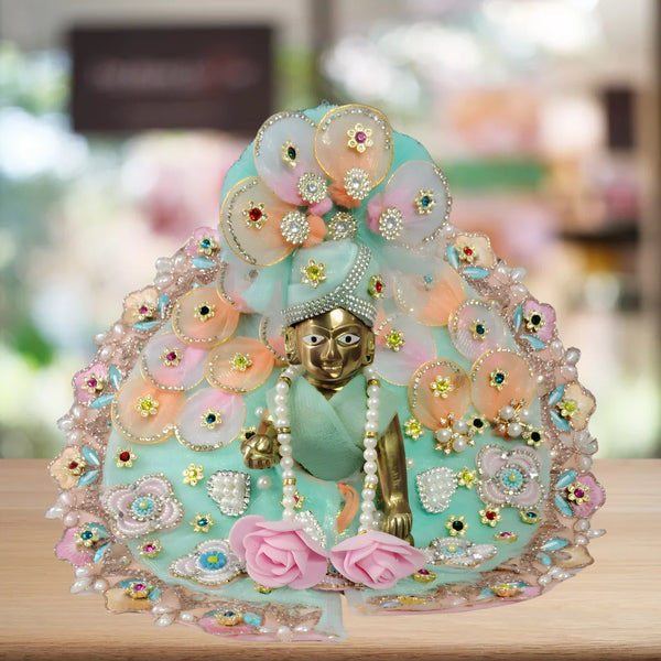 Laddu Gopal Sea Green Floral Heavy Dress with Peach Border and Pearl Garland Size-5