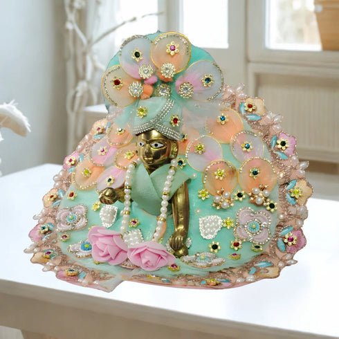 Laddu Gopal Sea Green Floral Heavy Dress with Peach Border and Pearl Garland Size-5