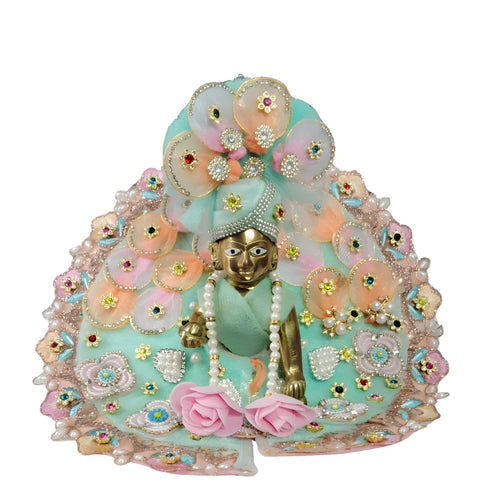Laddu Gopal Sea Green Floral Heavy Dress with Peach Border and Pearl Garland Size-5