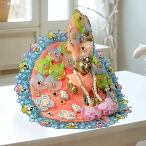 Laddu Gopal Peach Floral Heavy Dress with Blue Border and Pearl Garland Size-5