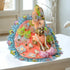 Laddu Gopal Peach Floral Heavy Dress with Blue Border and Pearl Garland Size-5