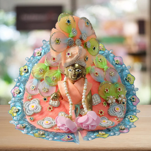 Laddu Gopal Peach Floral Heavy Dress with Blue Border and Pearl Garland Size-5