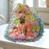 Laddu Gopal Peach Floral Heavy Dress with Blue Border and Pearl Garland Size-5