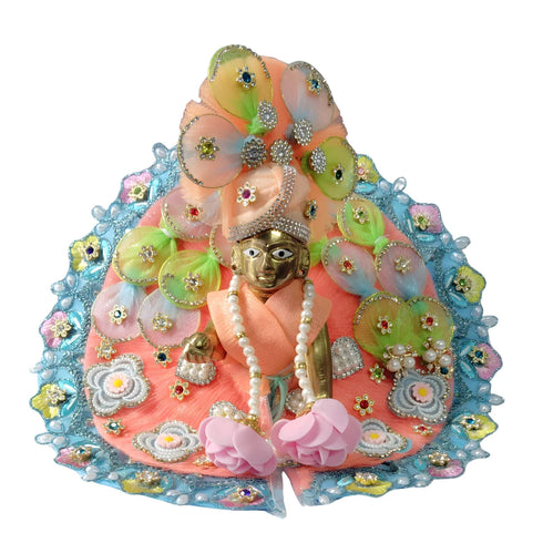 Laddu Gopal Peach Floral Heavy Dress with Blue Border and Pearl Garland Size-5
