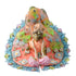 Laddu Gopal Peach Floral Heavy Dress with Blue Border and Pearl Garland Size-5