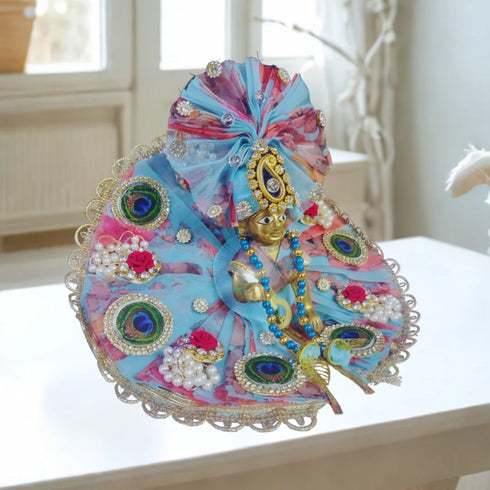 Elegant Blue Peacock Theme Laddu Gopal Ji Dress with Pagdi – Size 5