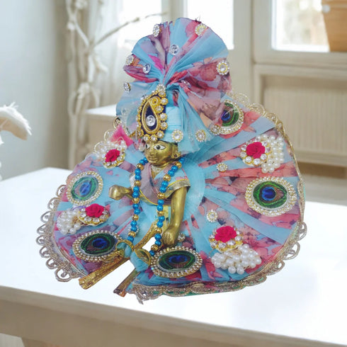 Elegant Blue Peacock Theme Laddu Gopal Ji Dress with Pagdi – Size 5