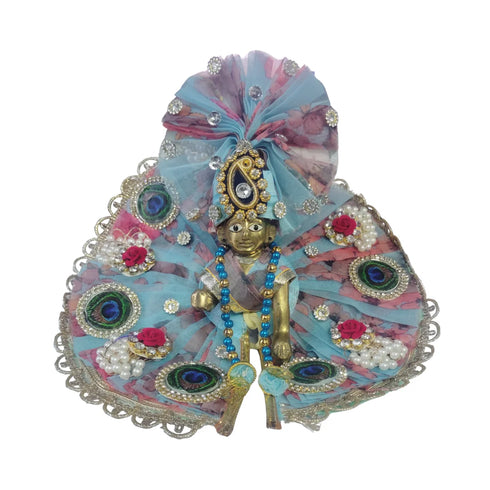 Elegant Blue Peacock Theme Laddu Gopal Ji Dress with Pagdi – Size 5