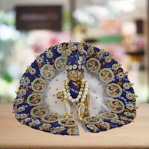 Elegant Blue-White Kanha outfit with pearl and stone work decorated turban and mala for Bal Gopal Ji Size-4